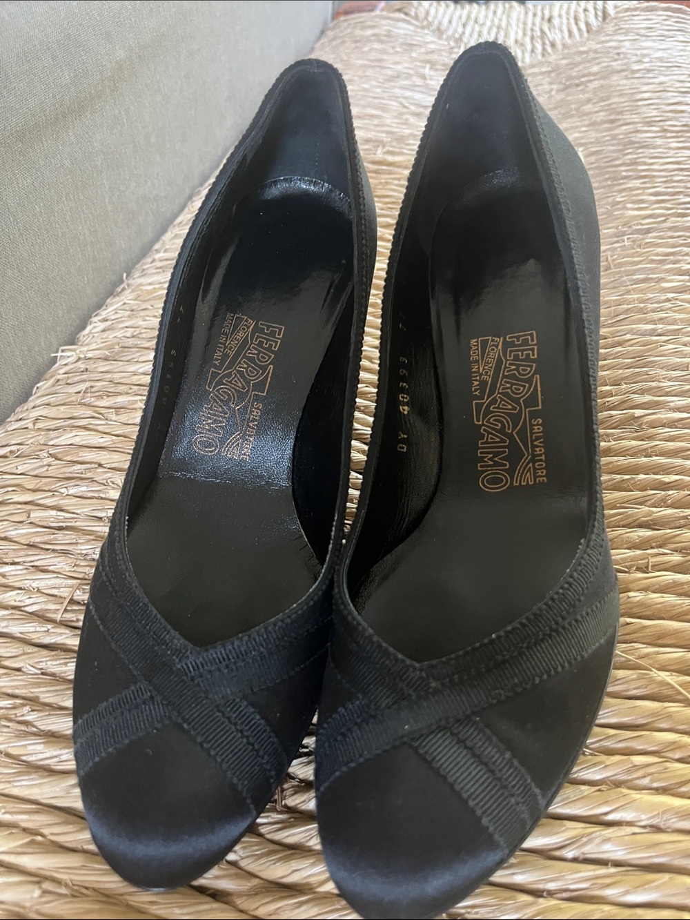 Ferragamo satin pumps, round toe clear heel 2.5” heel